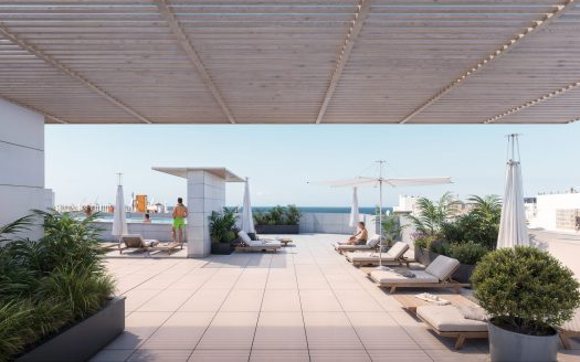 Rooftop terrace under wooden pergola with sun loungers – Common Area of Palmera Oasis