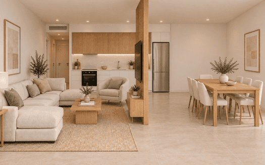 Bright open-plan living room with kitchen and dining area in a Palmera Oasis penthouse, Arguineguín, Gran Canaria – penthouse for sale